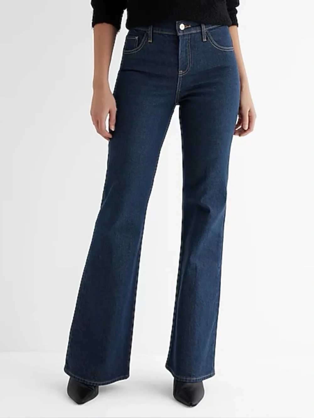 Express Mid Rise Dark Wash Back Center Seam '70s Flare Jeans